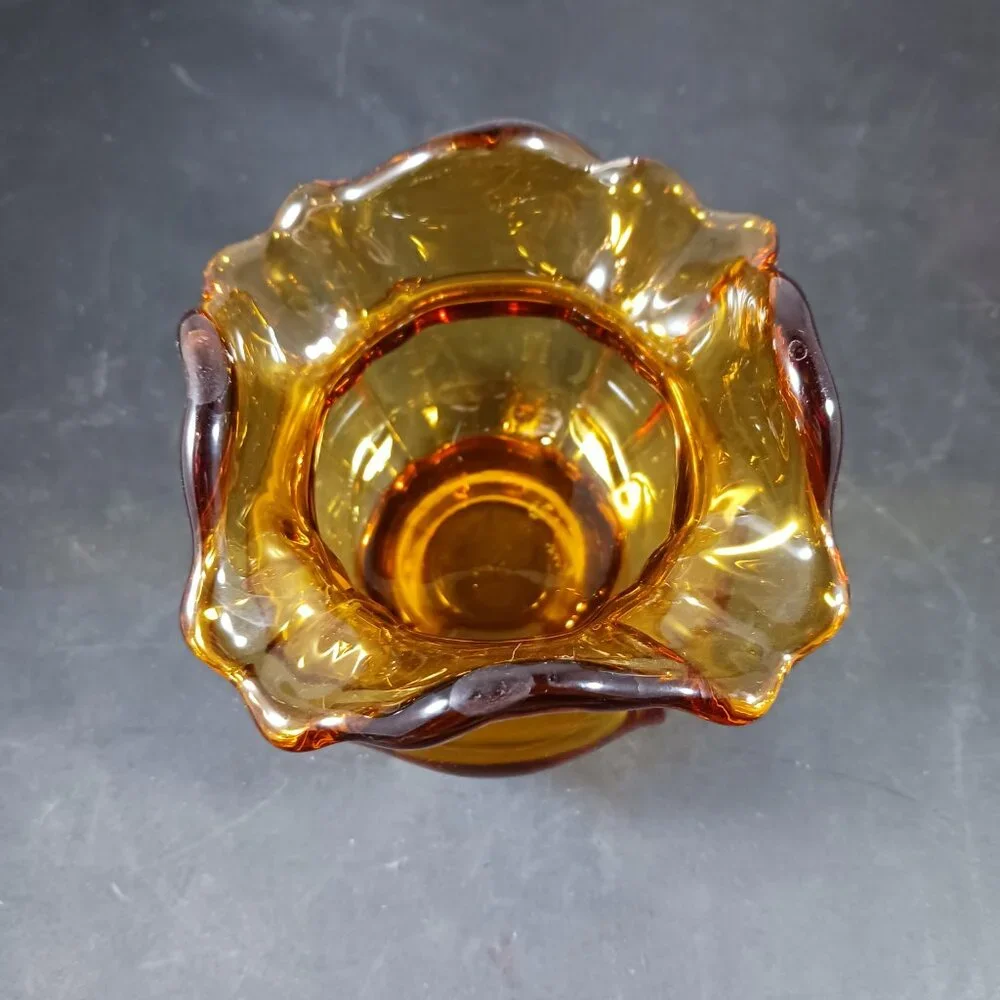 Fenton 1960's Art Glass Ruffled Rose Bowl Vase in Colonial Amber